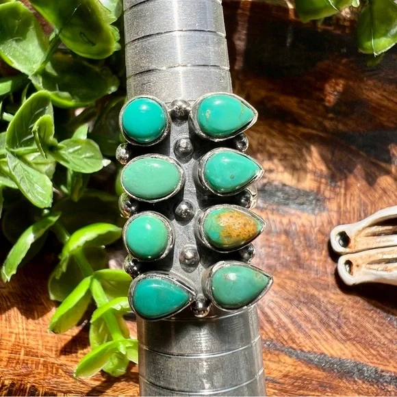 925 Sterling Silver Kingman Turquoise Rectangle Cluster Ring Sz 8 • Southwestern - Picture 8 of 10